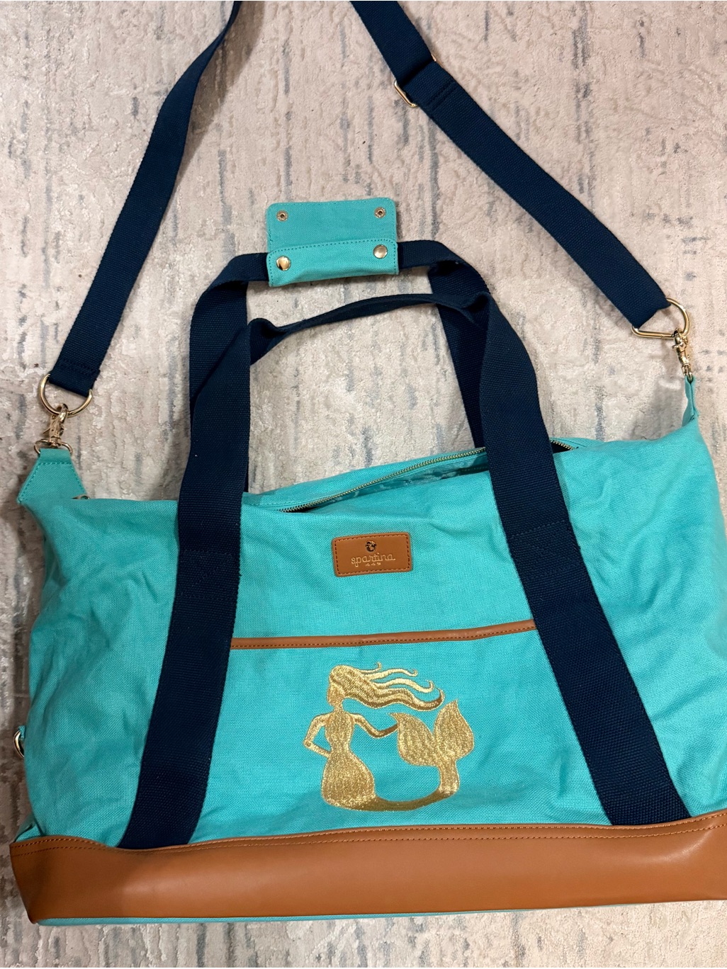 Spartina 449 Turquoise Canvas Weekender With Navy Straps And Gold Mermaid